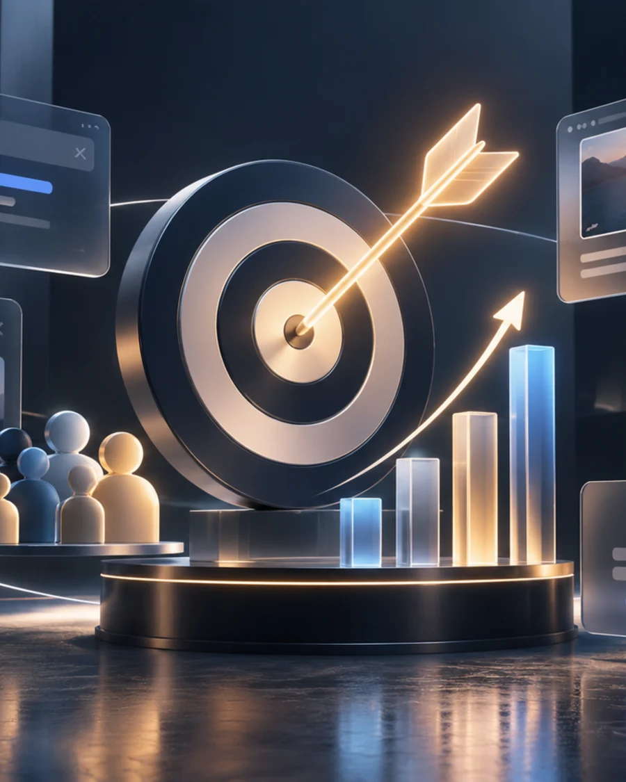 A target hit by an arrow, with ads and audience cards