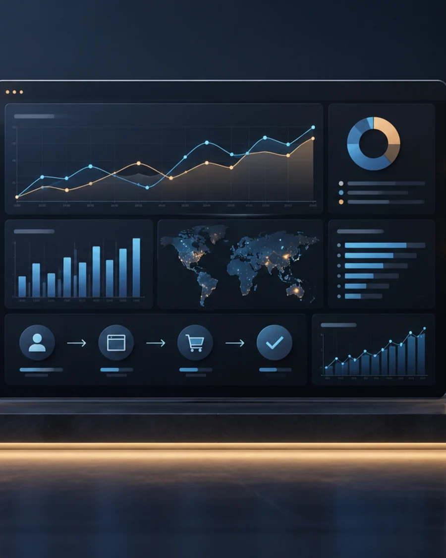 An analytics dashboard with trend charts, a traffic map and a conversion path