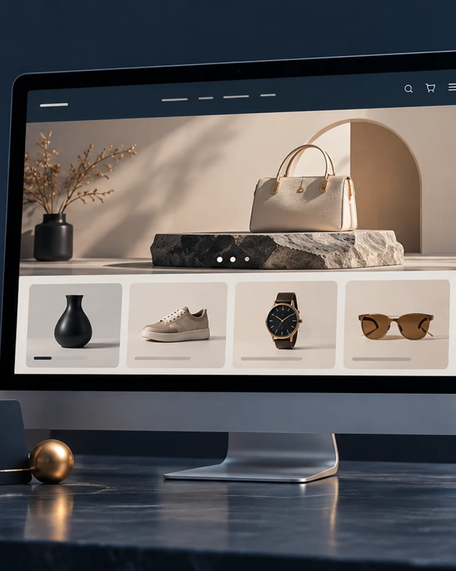 An online store on a desktop monitor and a smartphone