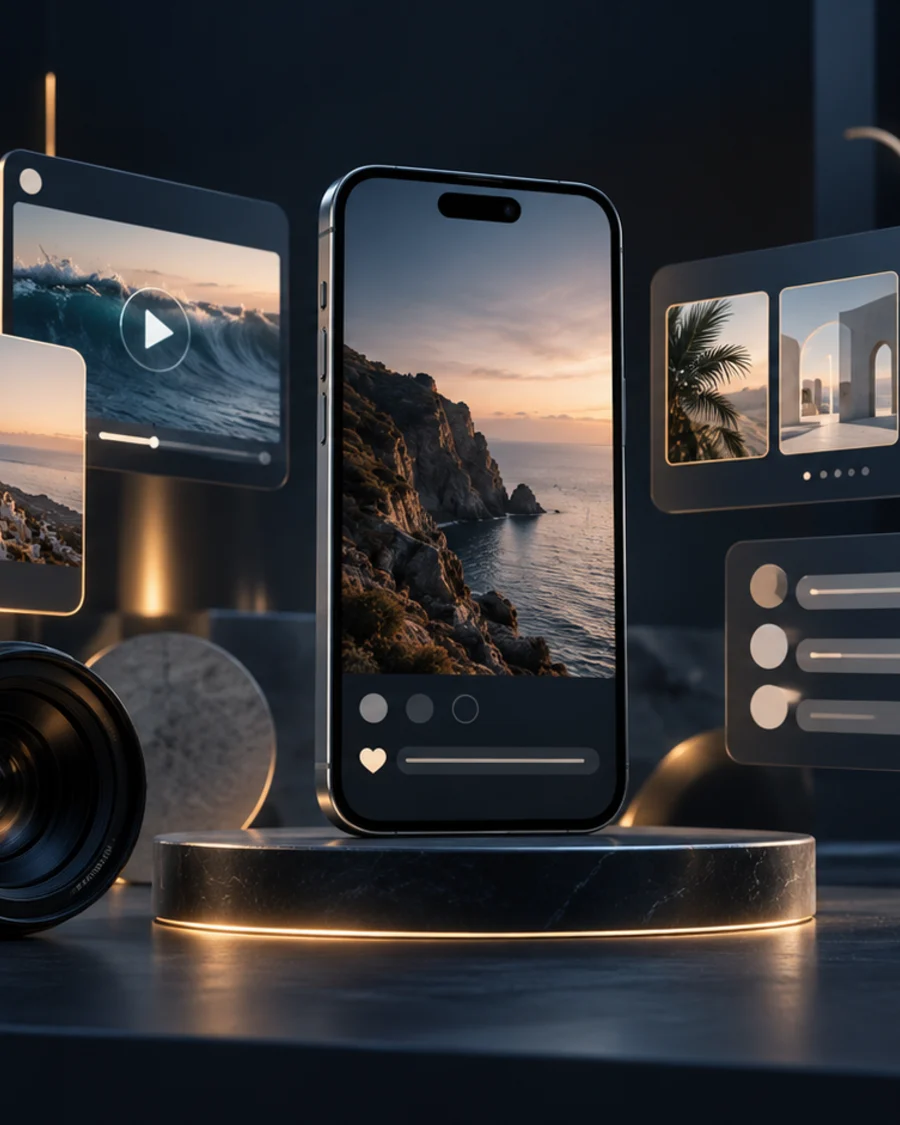 Social content on a smartphone next to a camera lens